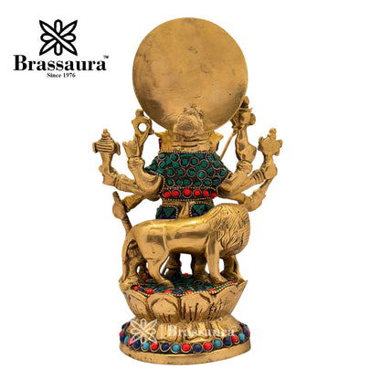 Brass Gem Stone Work Ganesha and Lion Idol for Home and Decor Weight 2.3 Kg Height 23 cm