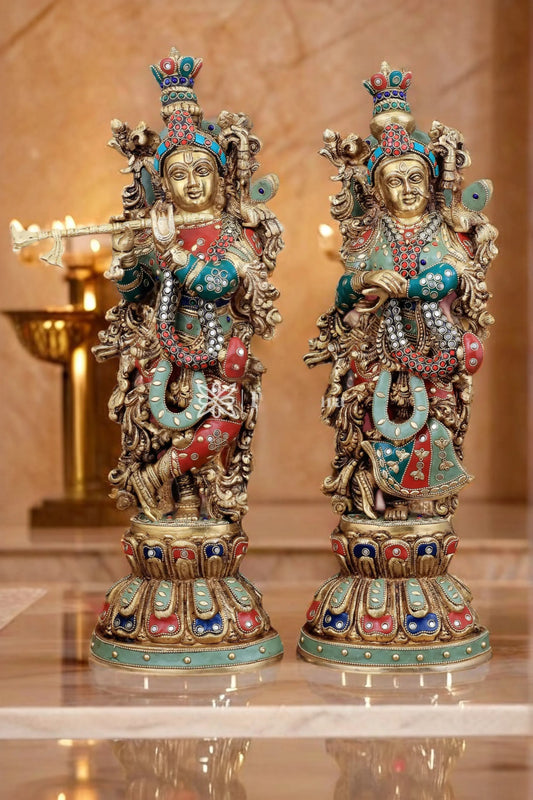 Brassaura™ Brass Radha Krishna Idol Pair – Height 21 Inches & Weight 18 Kgs | Handcrafted Devotional Statues