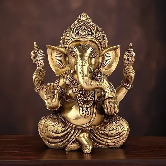 Brassaura™ Brass Taj Ganesha Statue – Height 5.9 inches & Weight 3.8 kgs | Ganpati Idol for Temple & Home Decor