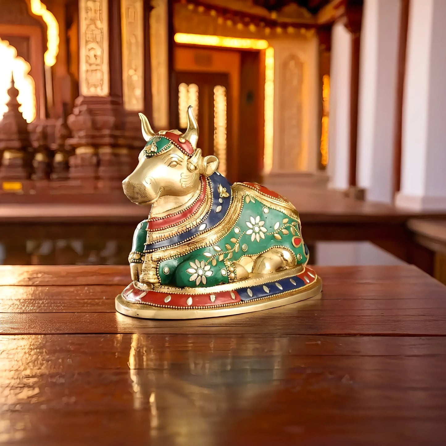 Brassaura™ Brass Nandi Statue with Natural Stones – Height 6 Inches | Traditional Temple Idol
