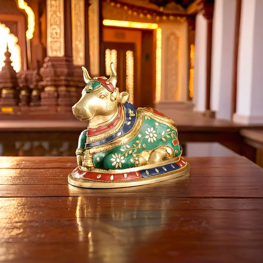 Brassaura™ Brass Nandi Statue with Natural Stones – Height 6 Inches | Traditional Temple Idol