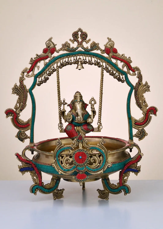 Brassaura™ Brass Ganesh Urli with Jhula & Stone Inlay Work for Grand Entrance Decor | 24 Inches | 14.25 kgs