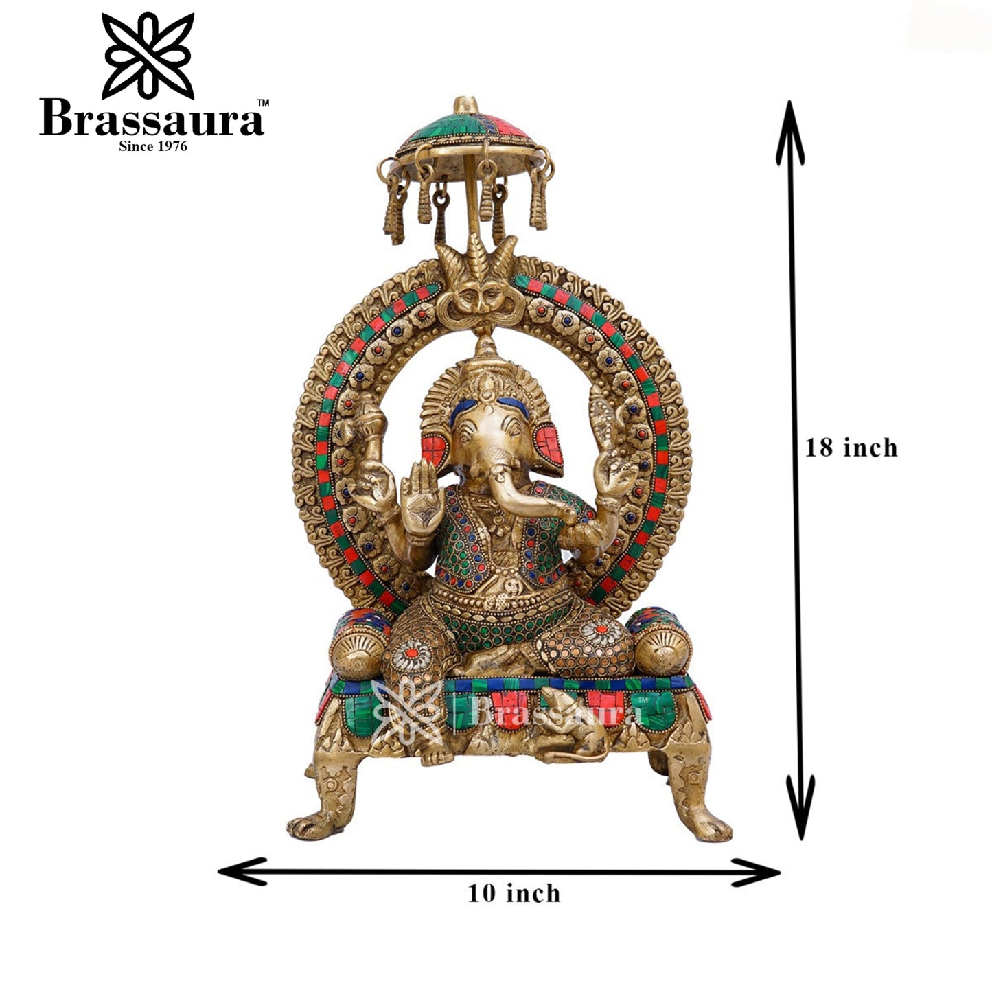Brassaura™ Brass Gem Stone Work Ganesha Idol for Home and Decor | Weight 9.5 Kgs | Height 18 Inches