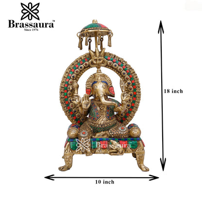 Brassaura™ Brass Gem Stone Work Ganesha Idol for Home and Decor | Weight 9.5 Kgs | Height 18 Inches