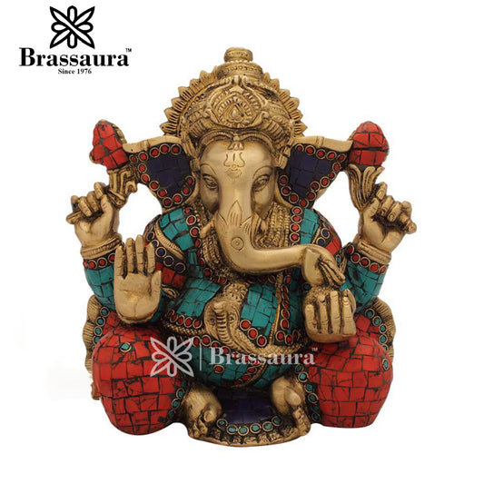 Brass Gem Stone Work Ganesha Statue For Home Decor Weight 2 Kg And Height 6 Inch