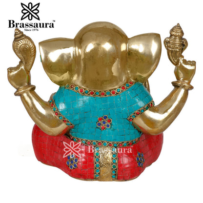 Brass Gem Stone Work Ganesha Statue For Home Decor And Gift Item Weight 8.5 Kg And Height 9 Inch