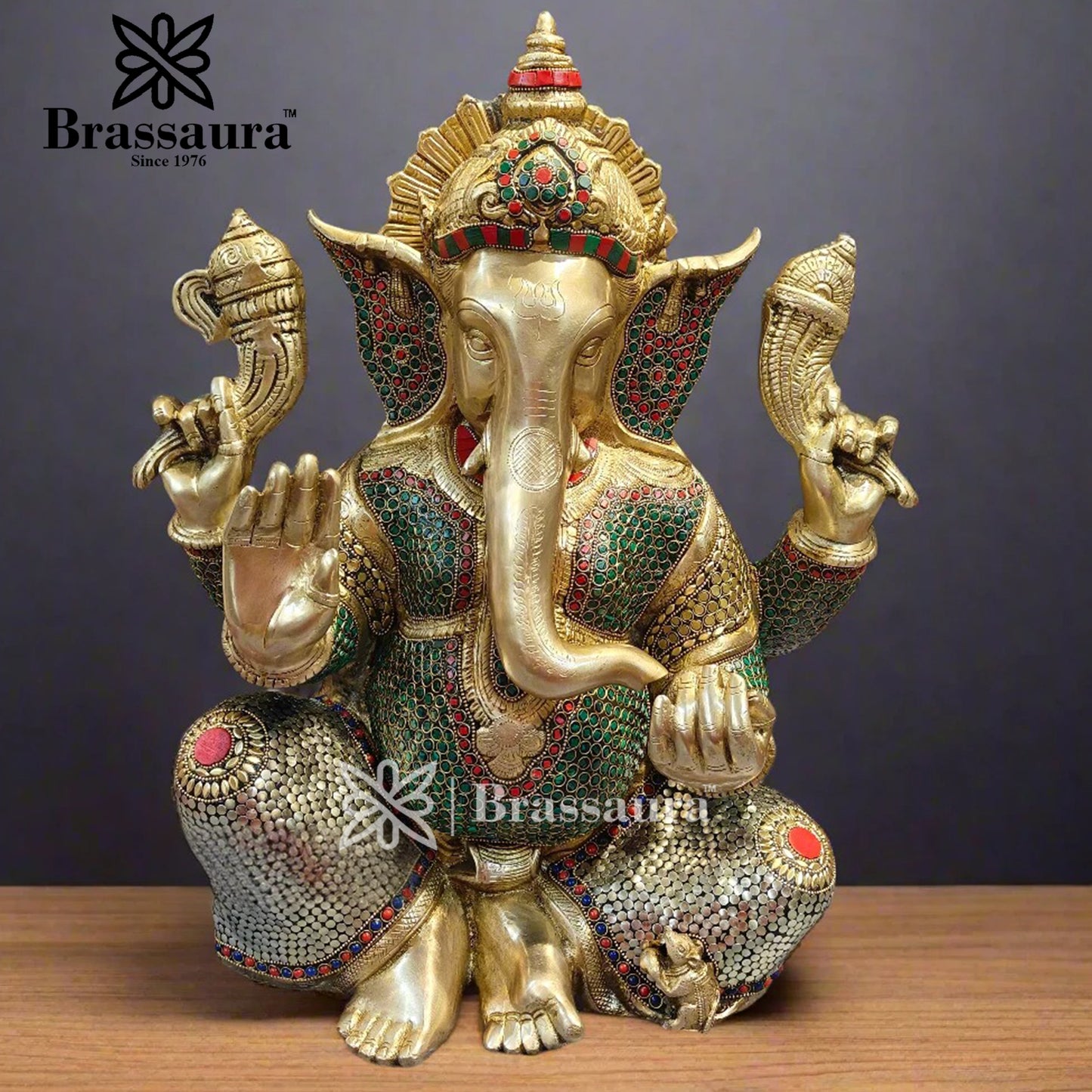 Brassaura™ Brass Gem Stone Work Ganesha Idol for Home and Decor | Weight 20 Kgs | Height 20 Inches