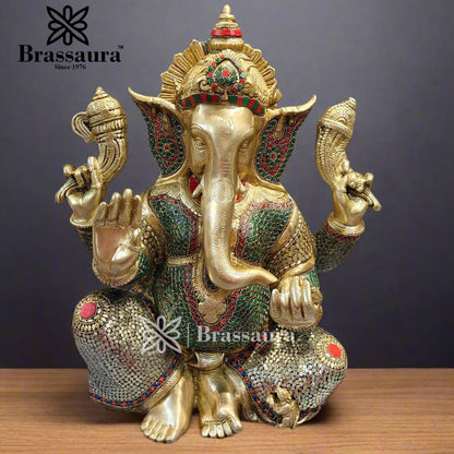 Brassaura™ Brass Gem Stone Work Ganesha Idol for Home and Decor | Weight 20 Kgs | Height 20 Inches