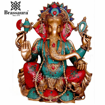 Brassaura™ Brass Gem Stone Work Ganesha Statue for Home Décor & Gift | Weight 56 Kgs | Height 28 Inches
