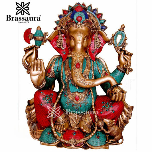 Brass Gem Stone Work Ganesha Statue For Home Decor And Gift Item Weight 56 Kg And Height 28 Inch