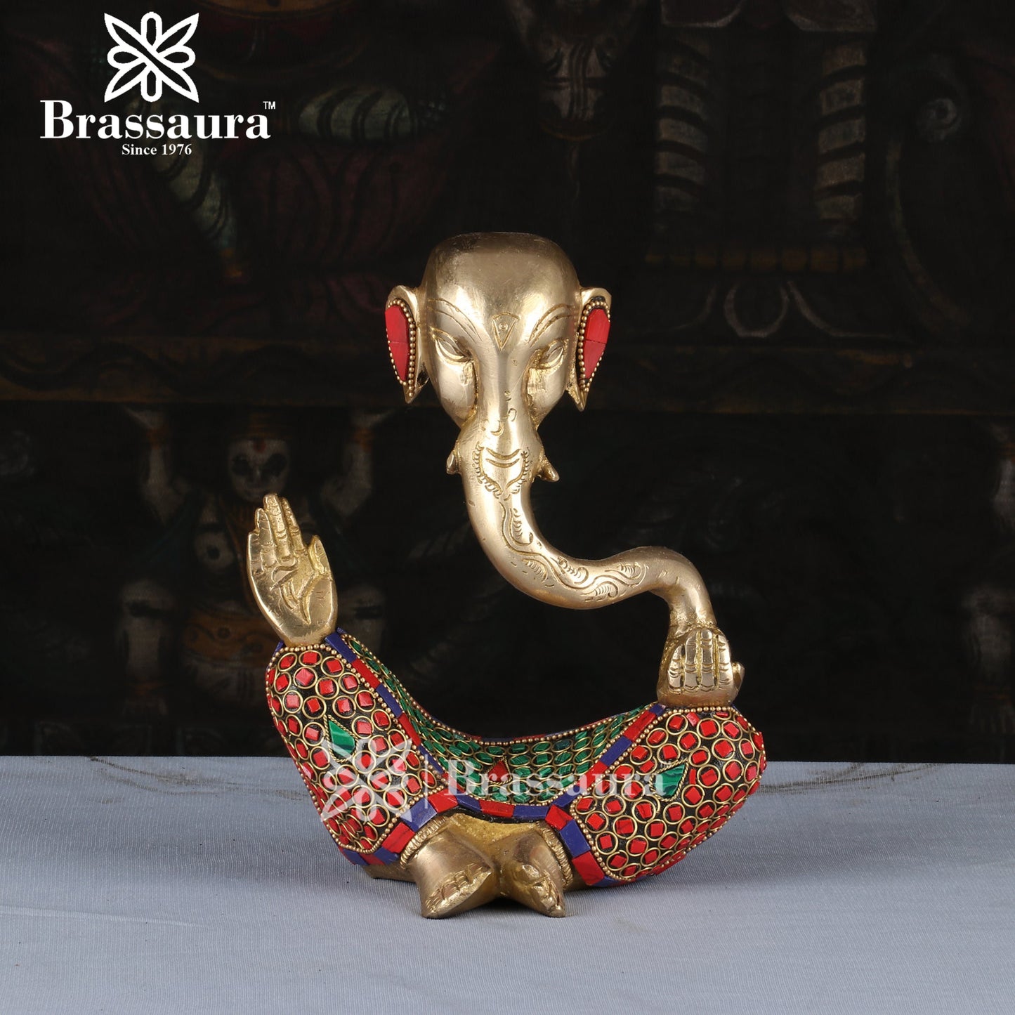 Brassaura™ Brass Gem Stone Work Modern Ganesha Idol for Home and Decor | Weight 2.2 Kgs | Height 7.87 Inches
