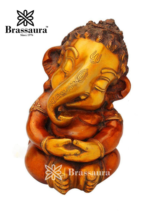 Brassaura™ Handcrafted Brass Ganesha for Spiritual Blessings | Height 8 Inches & Weight 4.7 Kgs