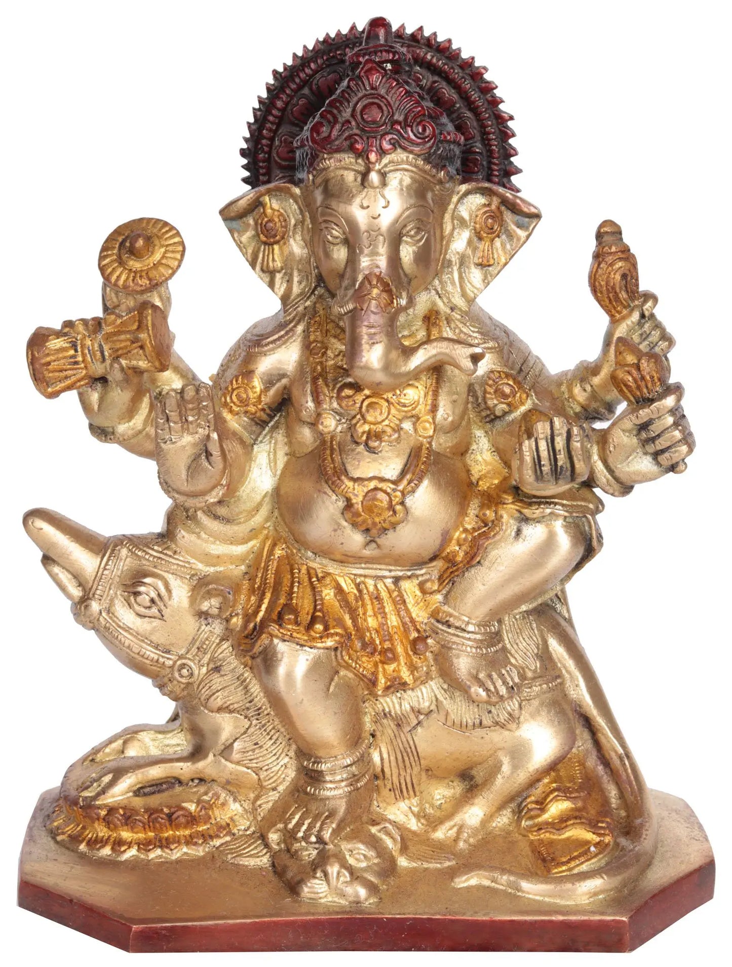 Brassaura® Six-Armed Ganesha Idol Seated on Mushak Raj Base in Brass | Height 8 Inches | Weight 2.60 kgs