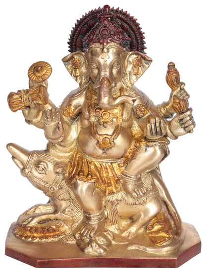 Brassaura® Six-Armed Ganesha Idol Seated on Mushak Raj Base in Brass | Height 8 Inches | Weight 2.60 kgs