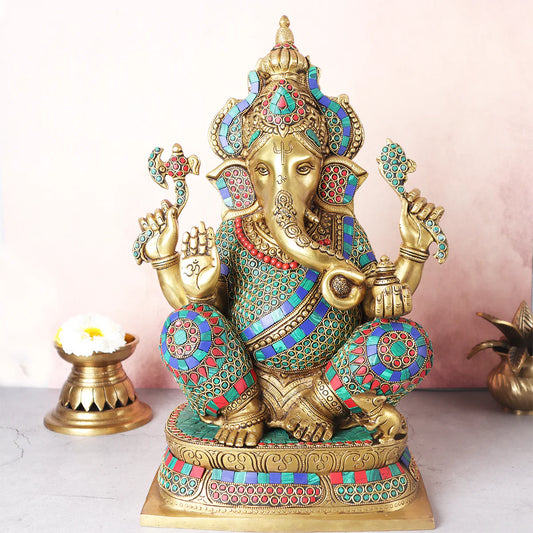 Brassaura® Brass Large Ganesha Statue for Home Temple Decor | Height 15.5 Inches