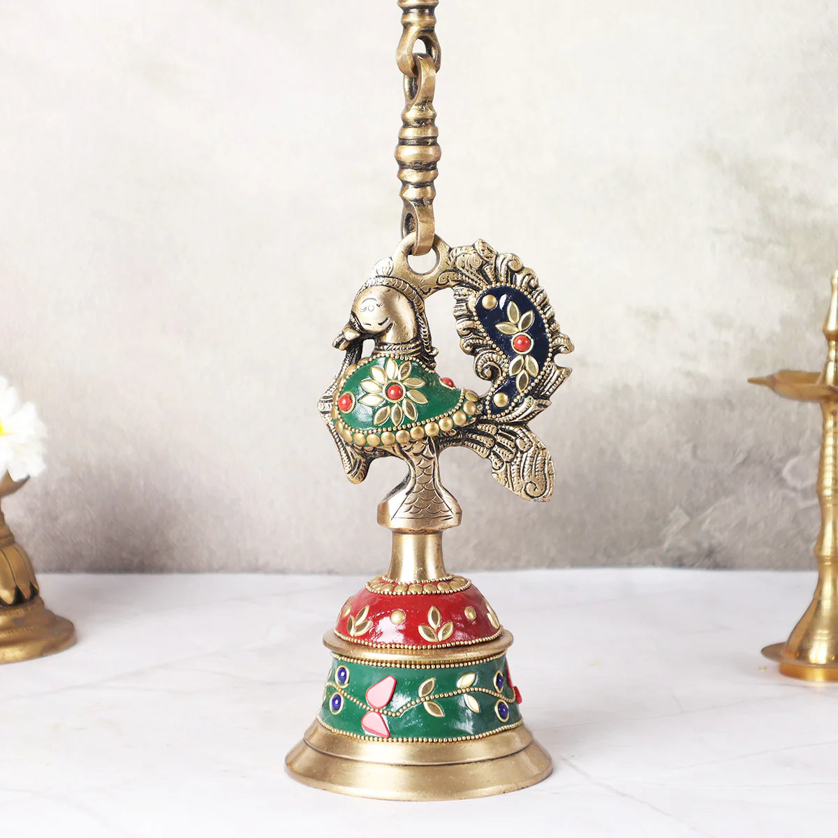 Brassaura® Brass Peacock Inlay Work Bell | Height 31 Inches