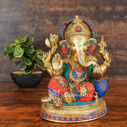 Brassaura™ Brass Gem Stone Work Ganesha Idol for Home and Decor | Weight 11.8 Kgs | Height 13 Inches