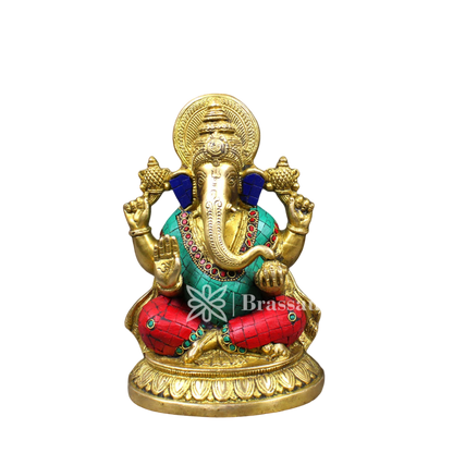 Brassaura™ Brass Gem Stone Work Ganesha Idol for Home and Decor | Weight 2.9 Kgs | Height 8.5 Inches