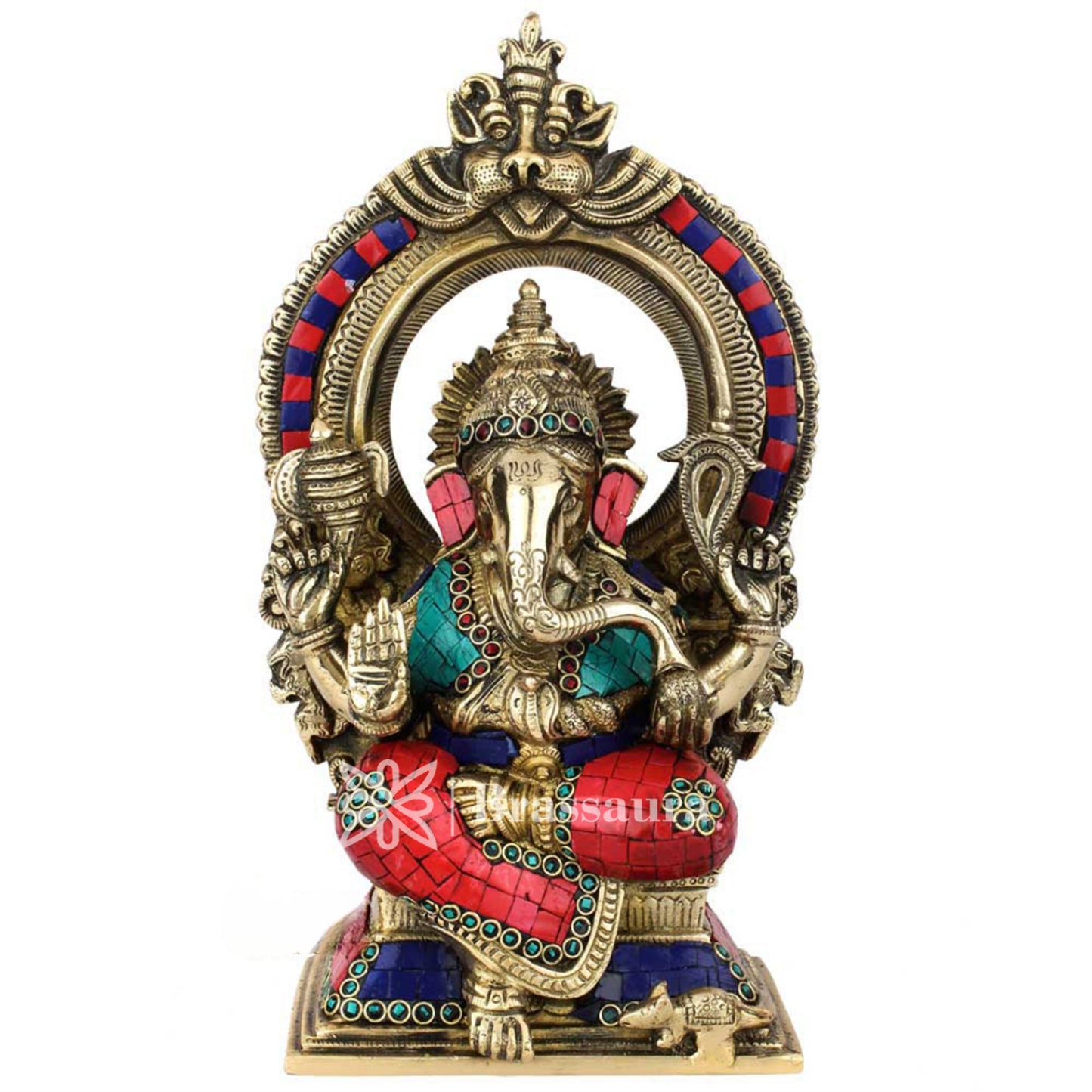 Brassaura™ Brass Gem Stone Work Ganesha Idol for Home and Decor | Weight 4.8 Kgs | Height 12 Inches