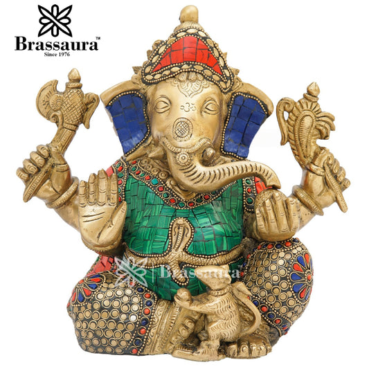 Brassaura™ Brass Gem Stone Work Ganesha Idol for Home and Decor | Weight 6 Kgs | Height 9 Inches
