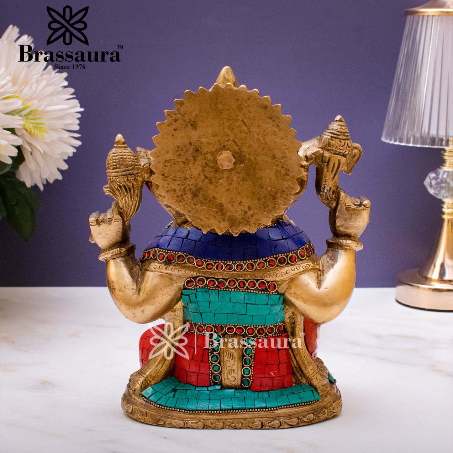 Brassaura™ Brass Gem Stone Work Ganesha Idol for Home and Decor | Weight 4.2 Kgs | Height 10 Inches