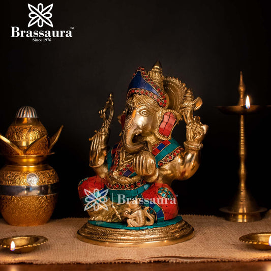 Brass Gem Stone Work Ganesha Statue For Home Decor And Gift Item Weight 6.8 Kg And Height 12 Inches