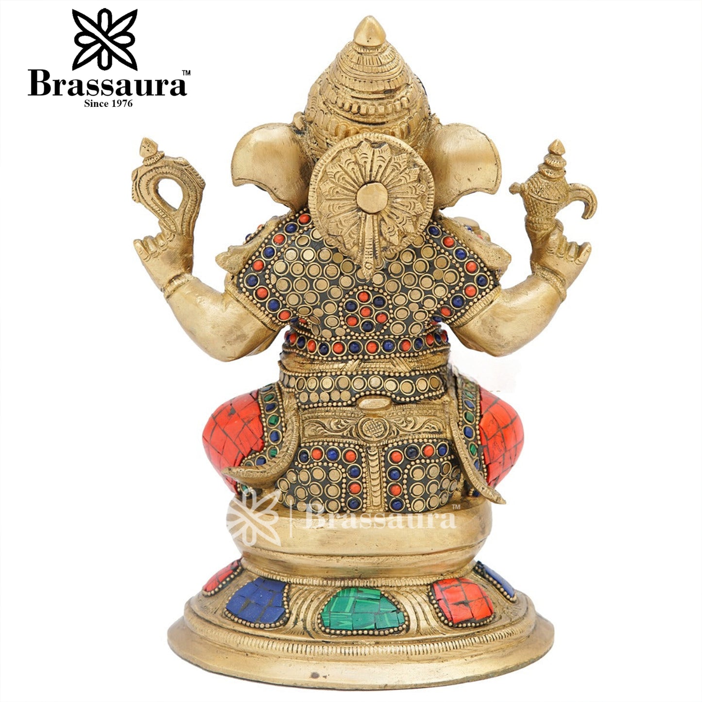 Brassaura™ Brass Gem Stone Work Ganesha Idol for Home and Decor | Weight 2.8 Kgs | Height 9 Inches