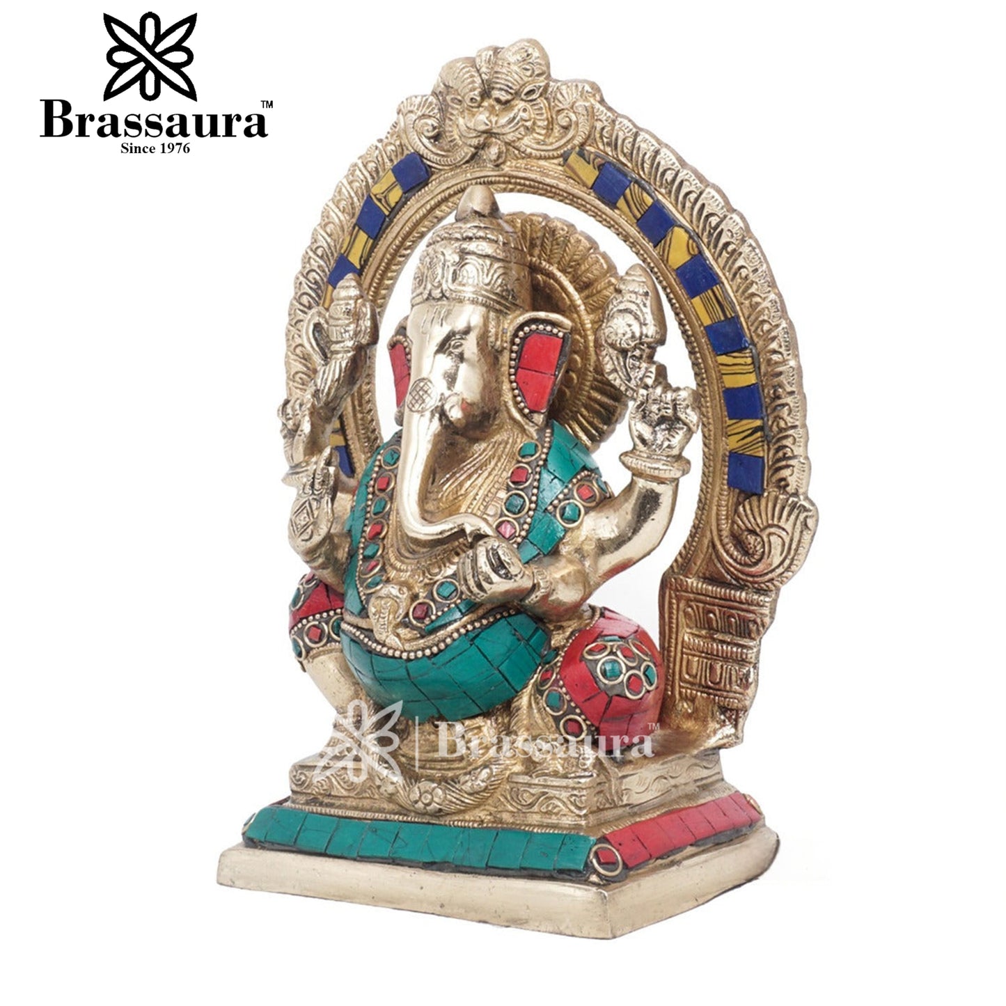 Brassaura™ Brass Gem Stone Work Ganesha Idol for Home and Decor | Weight 2.3 Kgs | Height 8.5 Inches