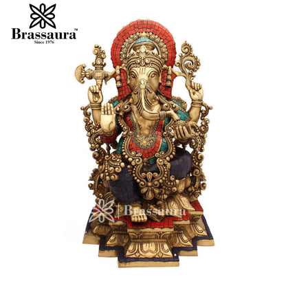 Brassaura™ Brass Gem Stone Work Ganesha Idol for Home and Decor | Weight 19 Kgs | Height 19 Inches
