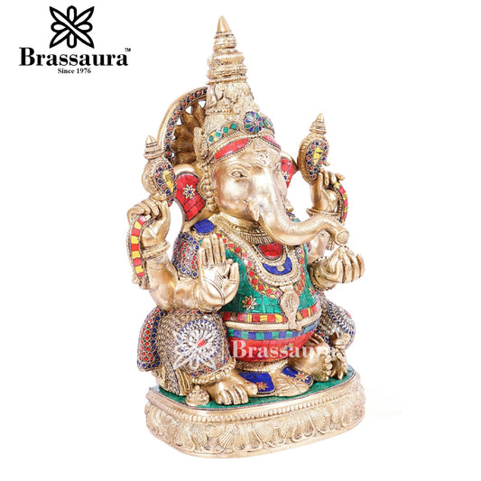 Brassaura™ Brass Gem Stone Work Ganesha Idol for Home and Decor | Weight 23 Kgs | Height 20 Inches