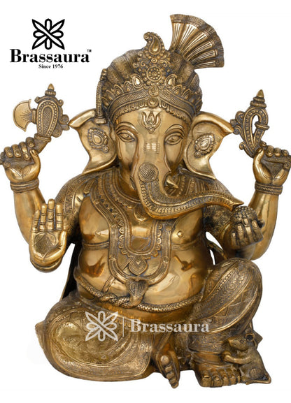 Brassaura™ Brass Turban Ganesha Idol for Home and Decor | Weight 26 Kgs | Height 21 Inches