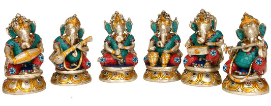 Brassaura® 7 Musician Ganesha with Choti (Set of 6) in Brass with Inlay Work | Height 7.5 Inches & Weight 12.80 kgs