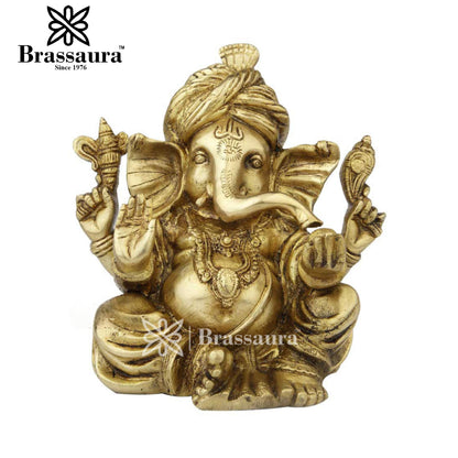 Brass Turban Ganesha Statue For Home Decor And Gift Item Weight 3.6 Kg And Height 8 Inch