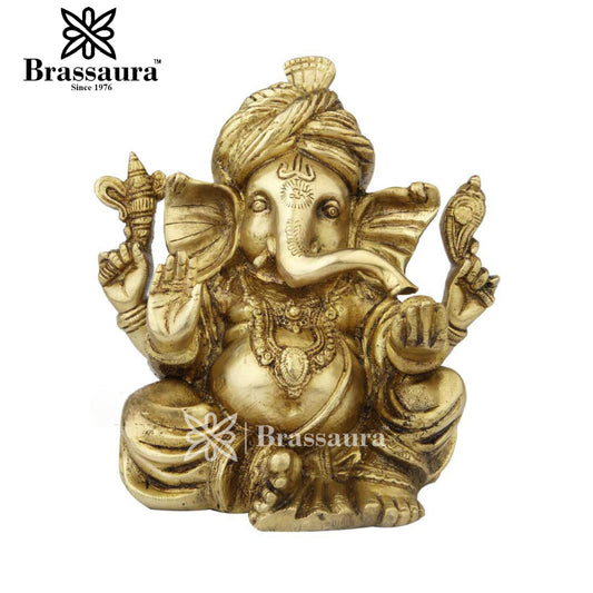 Brass Turban Ganesha Statue For Home Decor And Gift Item Weight 3.6 Kg And Height 8 Inch