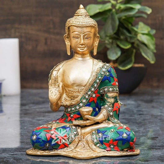 Brass Blessing Gem Stone Work Buddha Weight 2.1 kg & Height 8 Inch