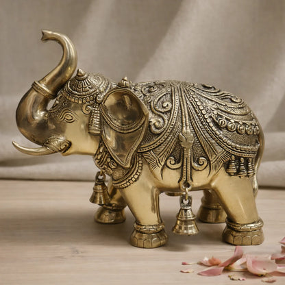 Brassaura® Royal Elephant Standing Statue with Polished Finish | Pure Superfine Brass Handcrafted Murti | Brass Statue for Home Temple, Pooja Room | Height 11.5 Inches | Weight 11.670 Kgs