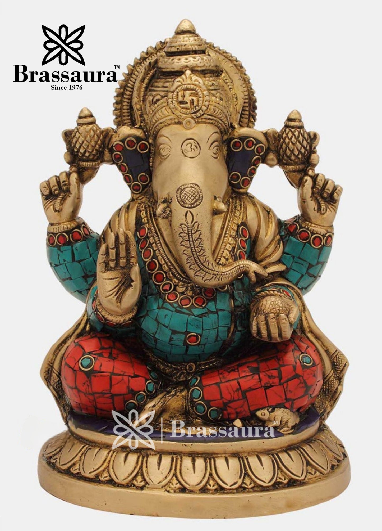 Brass Gem Stone Work Ganesha Statue For Home Decor Weight 3 Kg And Height 8 Inch