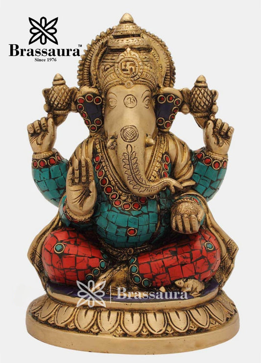 Brass Gem Stone Work Ganesha Statue For Home Decor Weight 3 Kg And Height 8 Inch