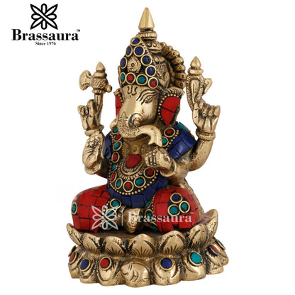 Brass Gem Stone Work Ganesha Statue For Home Decor And Gift Item Weight 1.5 Kg And Height 5 Inch