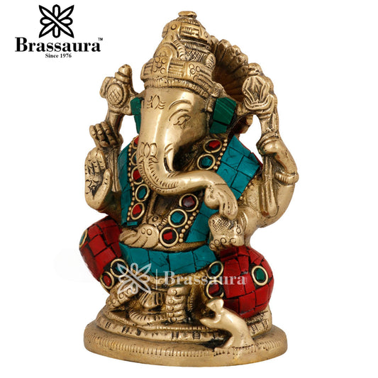 Brassaura™ Brass Gem Stone Work Ganesha Idol for Home and Decor | Weight 0.9 Kgs | Height 4 Inches