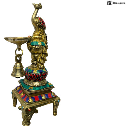 Brass Gem Stone Work Peacock Diya for Home and Decor Weight 2 Kg Height 28 cm