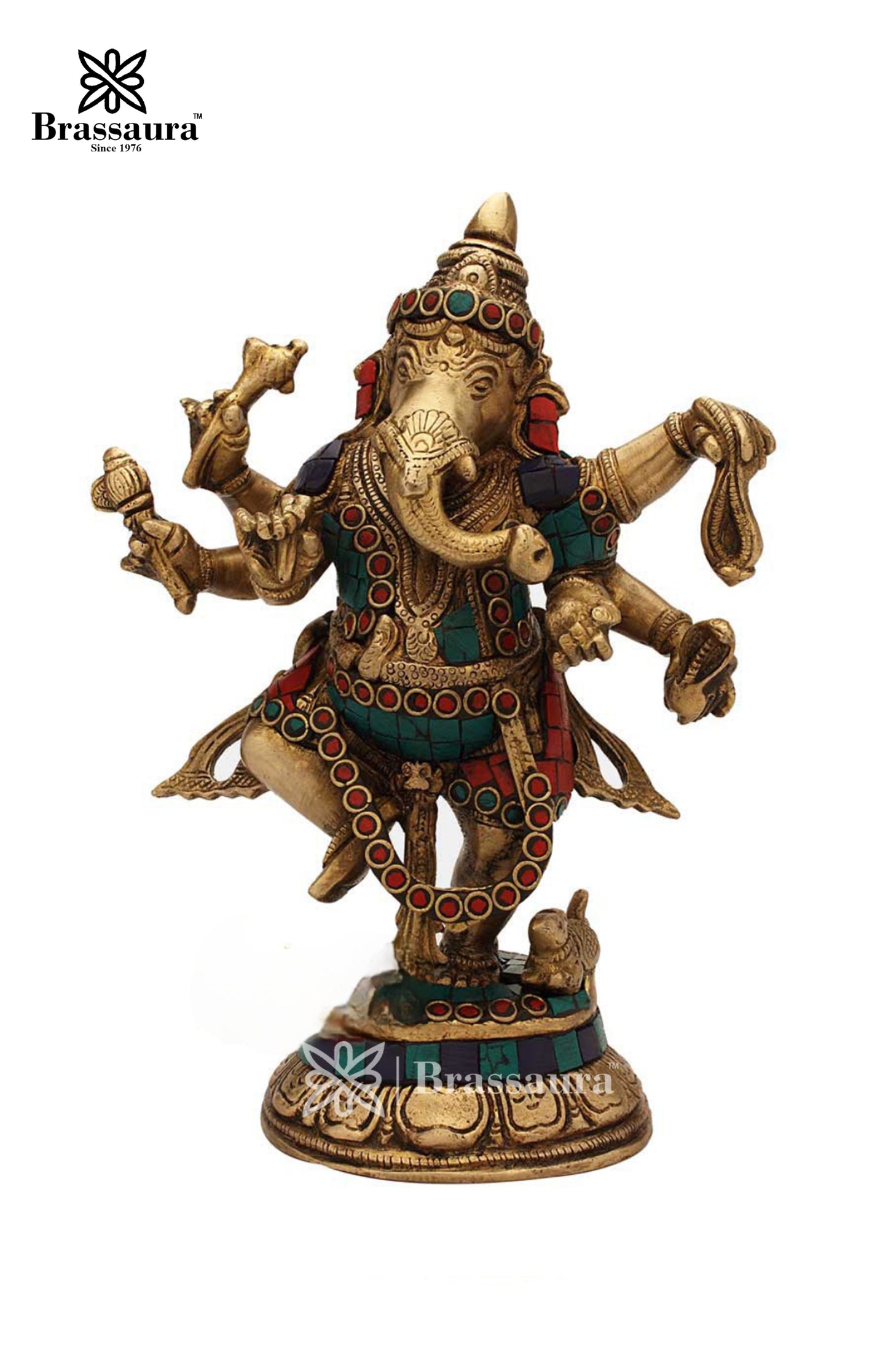 Brassaura™ Brass Gem Stone Work Dancing Ganesha Idol for Home and Decor | Weight 2.5 Kgs | Height 9 Inches