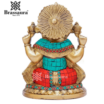 Brassaura™ Brass Gem Stone Work Ganesha Idol for Home and Decor | Weight 3 Kgs | Height 8 Inches