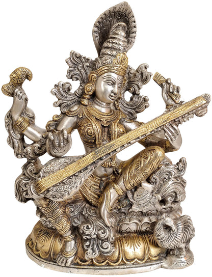 Brassaura® Brass Saraswati Maa Statue | Height 11.4 Inches & Weight 5.80 kg