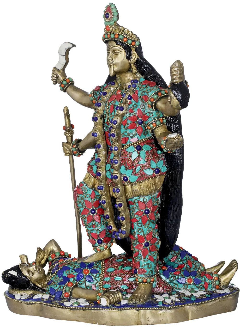 Brassaura® Goddess Kali with Stone Inlay | Brass Statue | Height 13 Inches & Weight 7.30 kgs