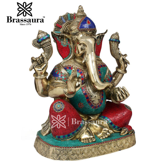 Brassaura™ Brass Gem Stone Work Ganesha Idol for Home Décor | Weight 26.5 Kgs | Height 20 Inches