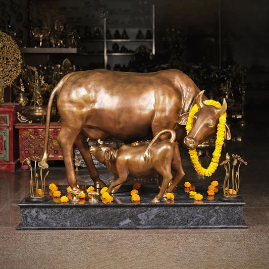 Brassaura® Brass Cow and Calf Idol with Granite Base | Height 34 Inches