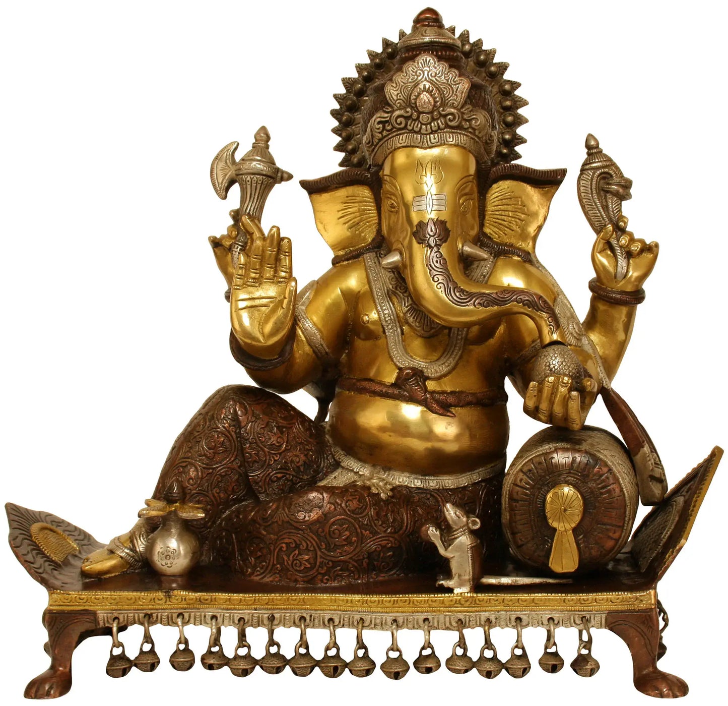 Brassaura™ Reclining Lord Ganesha on Chowki | Pure Brass Seated Idol | Height 16 Inches