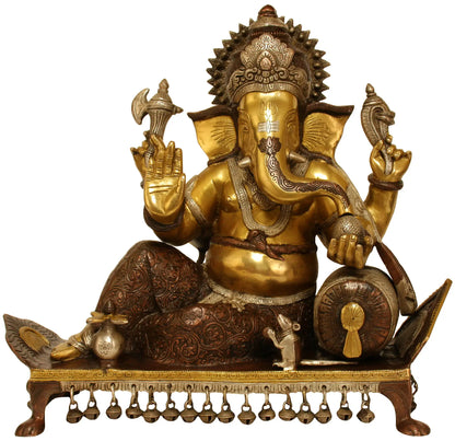 Brassaura™ Reclining Lord Ganesha on Chowki | Pure Brass Seated Idol | Height 16 Inches