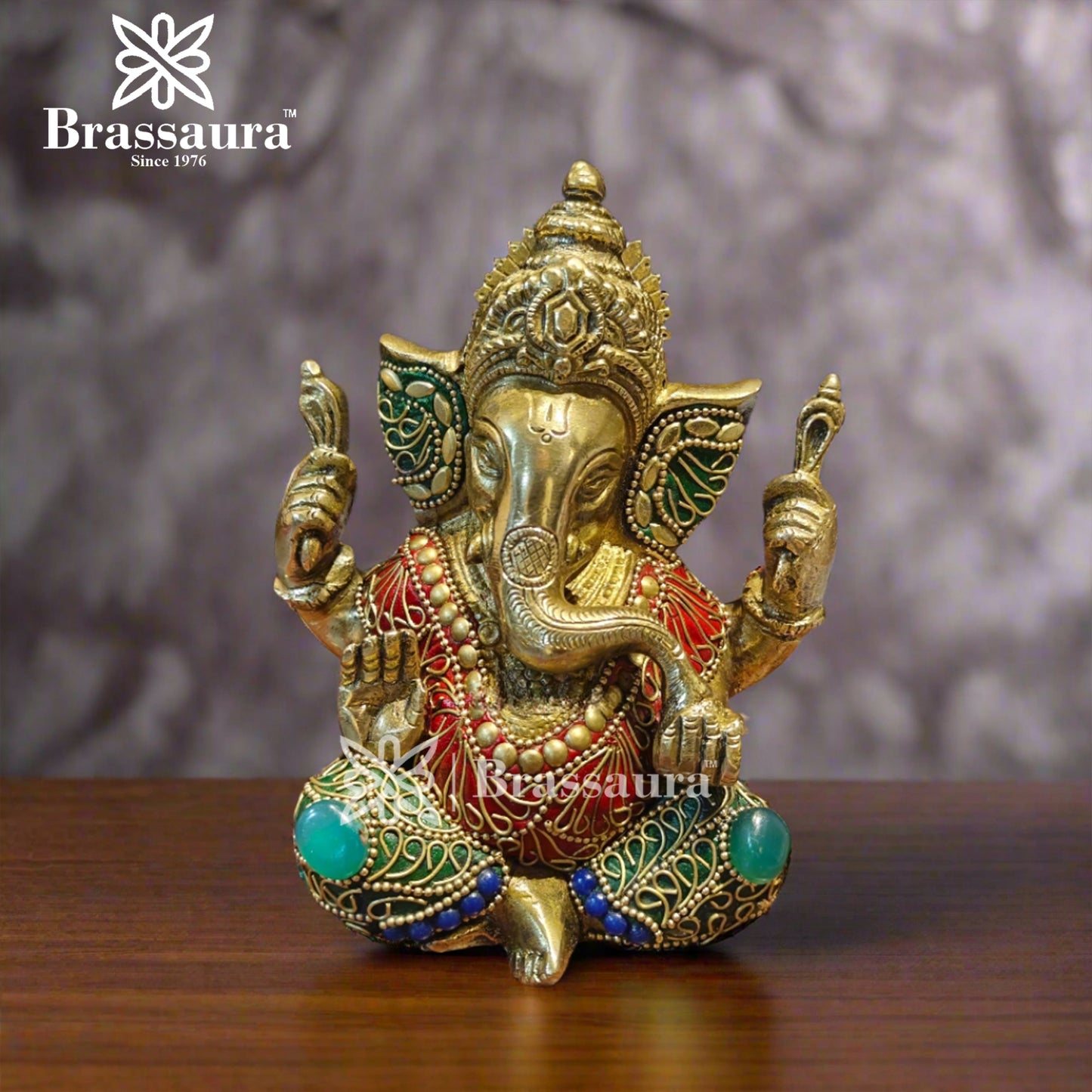 Brassaura™ Brass Gem Stone Work Ganesha Idol for Home and Decor | Weight 1.7 Kgs | Height 6 Inches